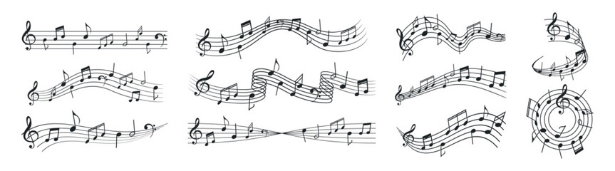 Musical notes and melody staff waves, decorative abstract line art notation, sound and rhythm illustration vector on transparent background © Ira