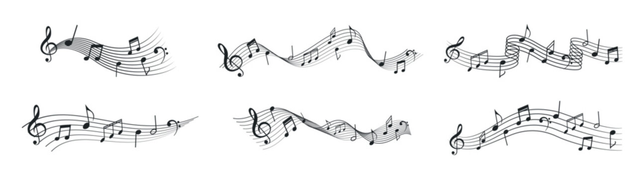 Musical notes melody on flowing staff, abstract line art sound wave illustration, elegant music symbol design vector isolated on transparent background