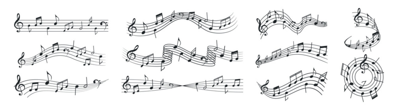 Musical notes and melody staff waves, decorative abstract line art notation, sound and rhythm illustration vector on transparent background