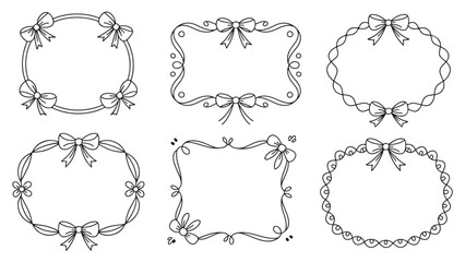 Obraz premium Decorative hand-drawn frames with bows and floral elements in circular, rectangular, and oval designs.