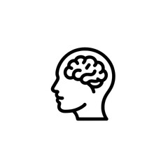 Brain icon with human profile and detailed neural structure in black and white line art style featuring mental, health, psychology with science and education elements for illustration, vector