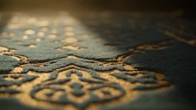 Close-up of a teal and gold patterned prayer rug with sunlight shining on it, creating shadows and highlights on the textured surface