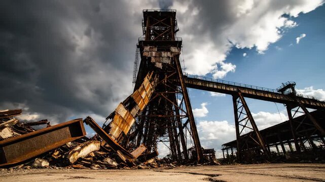 Abandoned industrial crane being demolished on a cloudy day