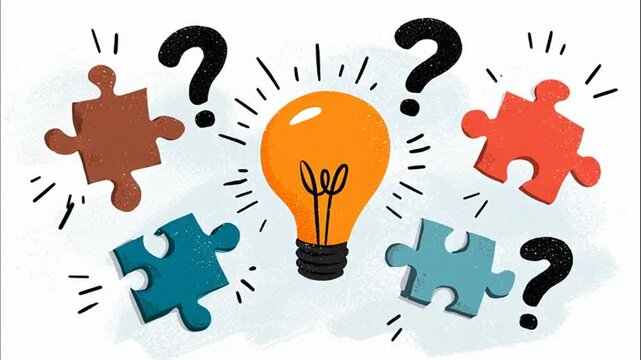 Idea generation illustration with lightbulb and scattered colorful puzzle parts