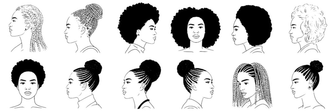 Hairstyles women afro bun ponytail and braids set in black and white line art silhouettes, diverse hair textures, front side back views for beauty salon design