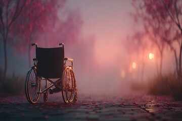 Abandoned Wheelchair in Misty Park Scene.