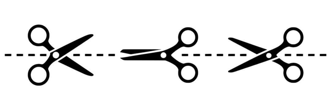 Scissors cut line icon set with dashed horizontal guide, open and closed shears silhouettes for coupon clipping, crafting, editing, sewing, and print design