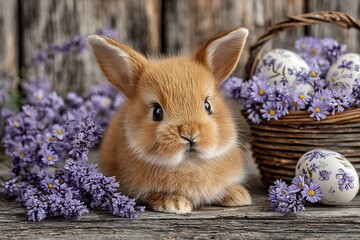 Adorable Easter Bunny with Lavender Flowers and Eggs.