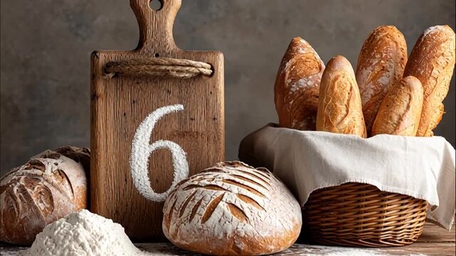 Rustic table numbered with six featuring baskets of fresh french baguettes
