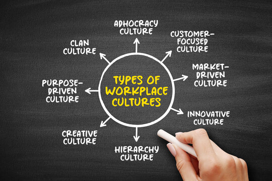 Types of workplace cultures diagram showing clan adhocracy customer focused market driven innovative hierarchy purpose driven and creative cultures around center