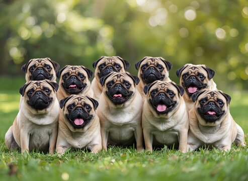 Ten Pugs Group Park Grass