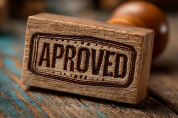 Approved Rubber Stamp on Wooden Surface.