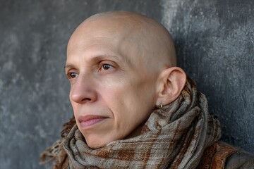 Bald man with scarf against textured wall.