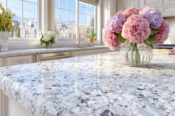 Beautiful Flowers on Granite Countertop in Modern Kitchen.