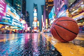 Basketball on Wet City Street at Night.