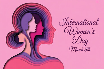Layered profiles of women in shades of pink and purple celebrate International Womens Day on March 8th