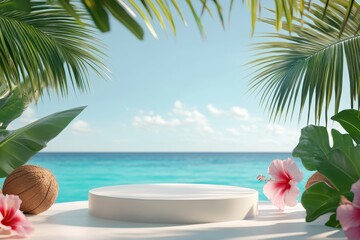 Fototapeta premium Round white podium on a tropical beach with turquoise water, palm leaves, hibiscus flowers, and coconuts, product display mockup background.