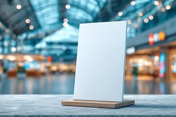 Blank White Sign on Wooden Stand in Mall.