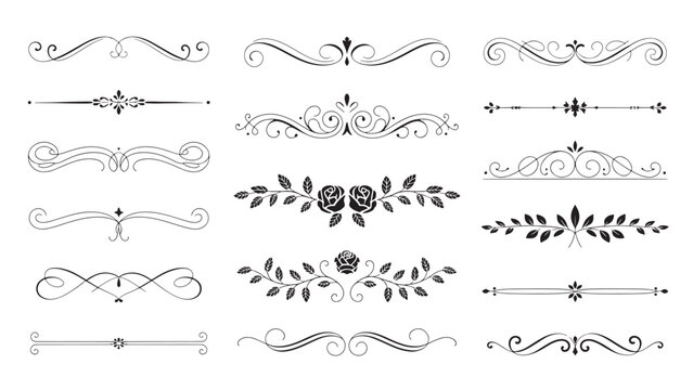 Set of 16 black-and-white ornamental dividers with floral and swirl motifs.