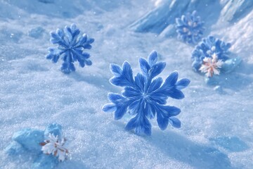 Blue Snowflakes Falling on Snowy Ground.