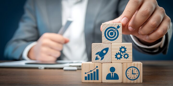 Business Strategy Blocks with Icons for Goals Growth Rocket Gears and Clock, Planning and Success Concept