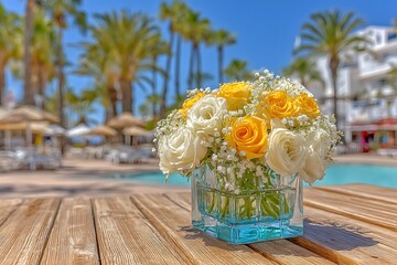 Bouquet of Roses and Babys Breath by the Pool.