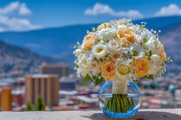 Bouquet of White and Orange Roses in Glass Vase.