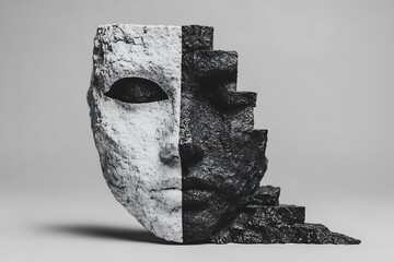 Broken Stone Face Fragmented Sculpture Art.