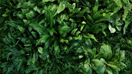 Lush, verdant green wall densely packed with diverse leafy plants and various textures
