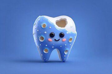 Cartoon Tooth Character with Cavity Smiling.