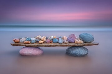 Colorful Pebbles on Wooden Board at Beach.