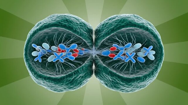 3D illustration of a cell dividing with nucleus and chromosomes on green background