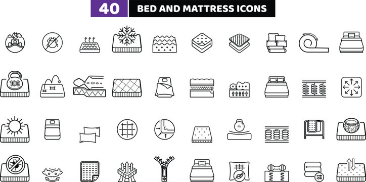 Bed and Mattress Line Icons Set, Orthopedic Sleep Furniture Vector Collection