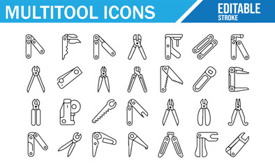 Obraz premium Camping Equipment Line Icons with Pliers and Knife.