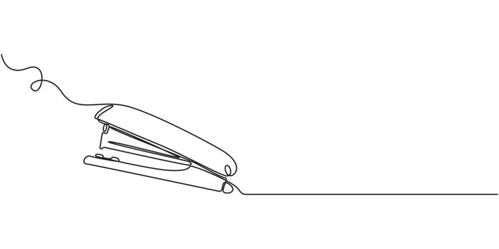 Stapler, staple, paper, cardboard, office equipment. Vector illustration isolated on white background. Continuous line drawing. Vector monochrome, drawing by lines