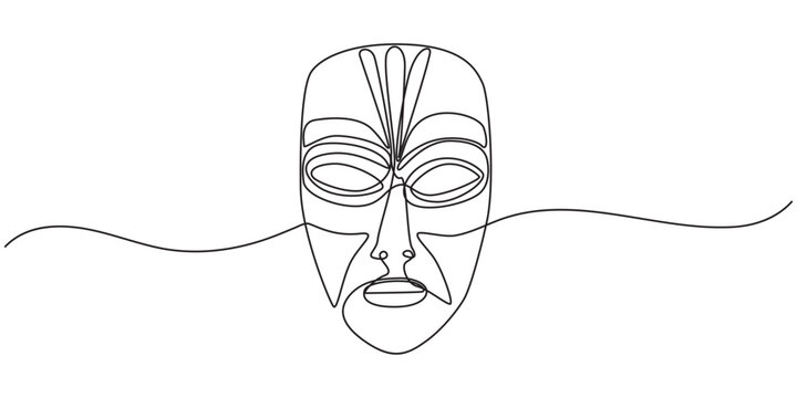 Continuous Line Art of a Ceremonial Mask, Face tribal mask continuous single line style, Ethnic Mask, drawn with continuous line in minimalism, abstract, Yoruba Mask, African culture, rituals