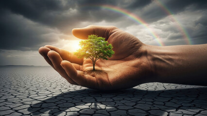 Fototapeta premium Hand nurturing a tree in a dry land with a rainbow.