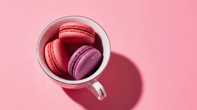 Colorful macarons in a white mug on pink background