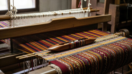 Colorful woven fabric on a traditional wooden loom.