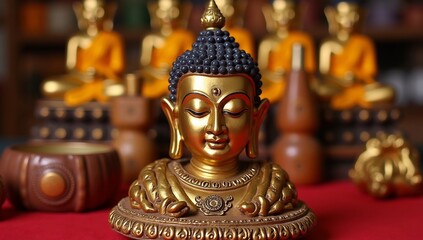 Fototapeta premium Golden Buddha Statue with Intricate Details and Serene Expression in a Religious Setting.
