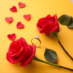  Red roses with ring and red hearts on yellow background.

