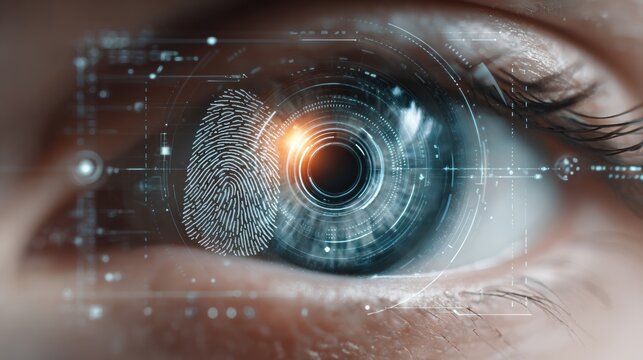 Close-up View of Biometric Multi-Factor Authentication System With Human Eye, Digital Retinal Scan, and Glowing Fingerprint Sensor Used for Secure Access Control