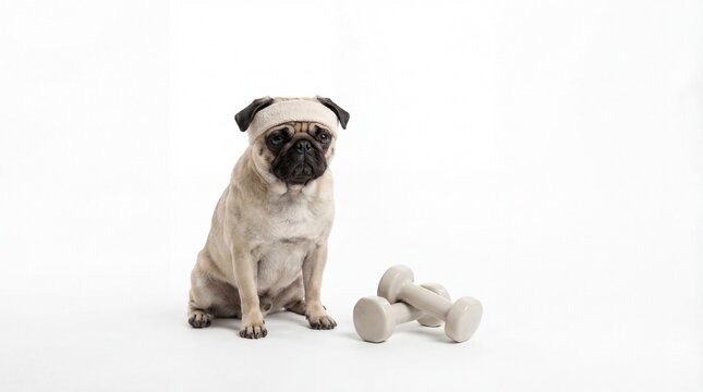A Pug Dog Sits Next to Dumbbells Ready for a Workout.