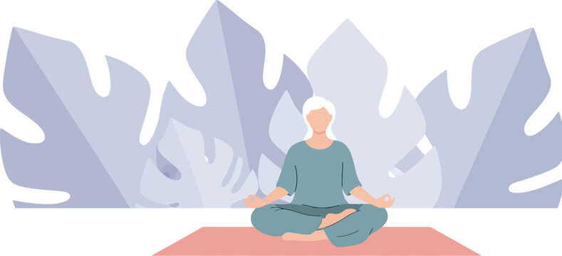 Peaceful senior woman practicing mindful meditation in a serene, natural environment, achieving spiritual balance, relaxation, and wellness on a yoga mat