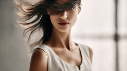 Naklejka premium Woman with flowing hair, soft lighting