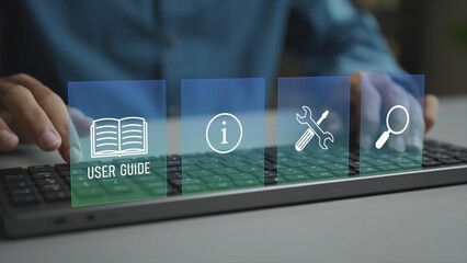 Digital user guide and help system with virtual icons for manuals, tips and navigation. Business...
