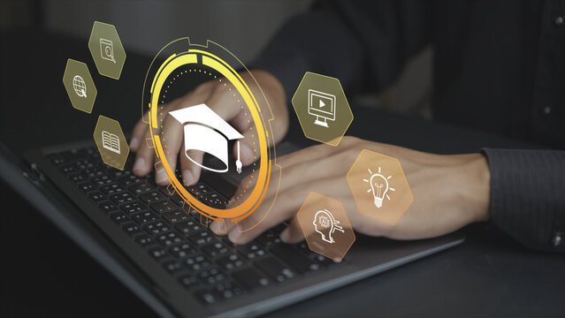 E-learning education with AI concept. Person using laptop with artificial intelligence learning icons, online courses, smart education platform, digital classroom and personalized learning.