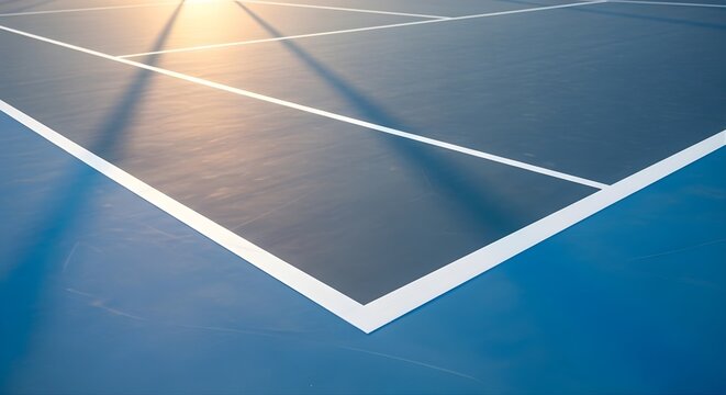 Close-up of a blue tennis court with white lines and sunlight.