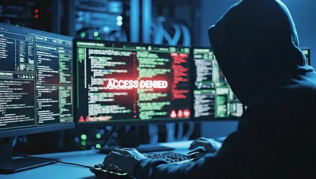 Cybersecurity breach investigation. Hacker in dark hoodie works on multiple screens displaying code. Tension builds as access is denied. Digital atmosphere creates sense of urgency.