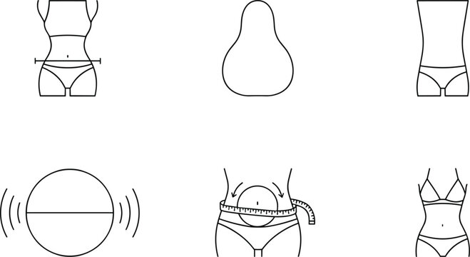 Female body shape and measurement icon set with waist hip sizing symbols outline vector collection for fitness